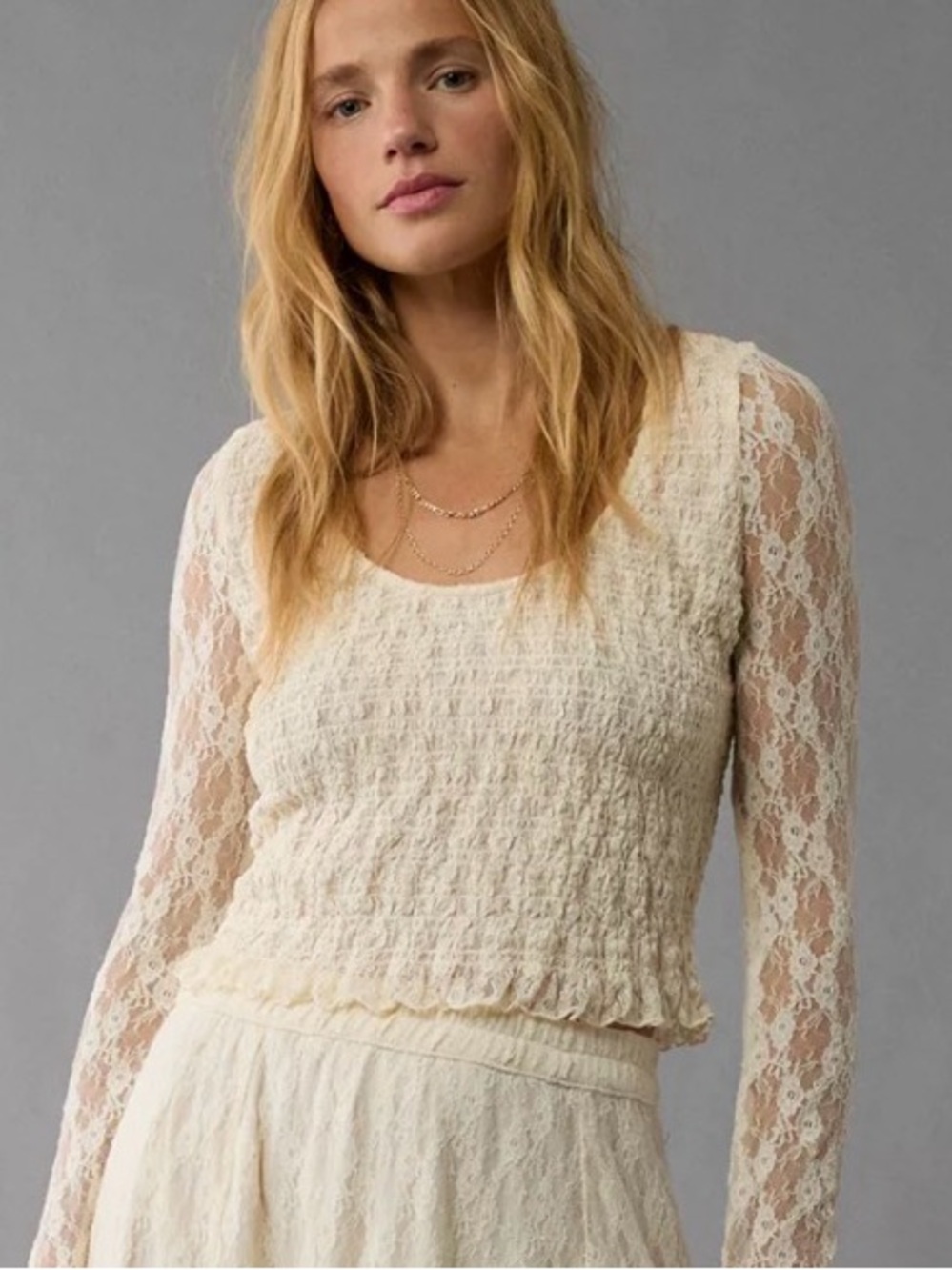 American Eagle Outfitters Cream Lace Long-Sleeve Scoop Neck Top Cottage Boho M
